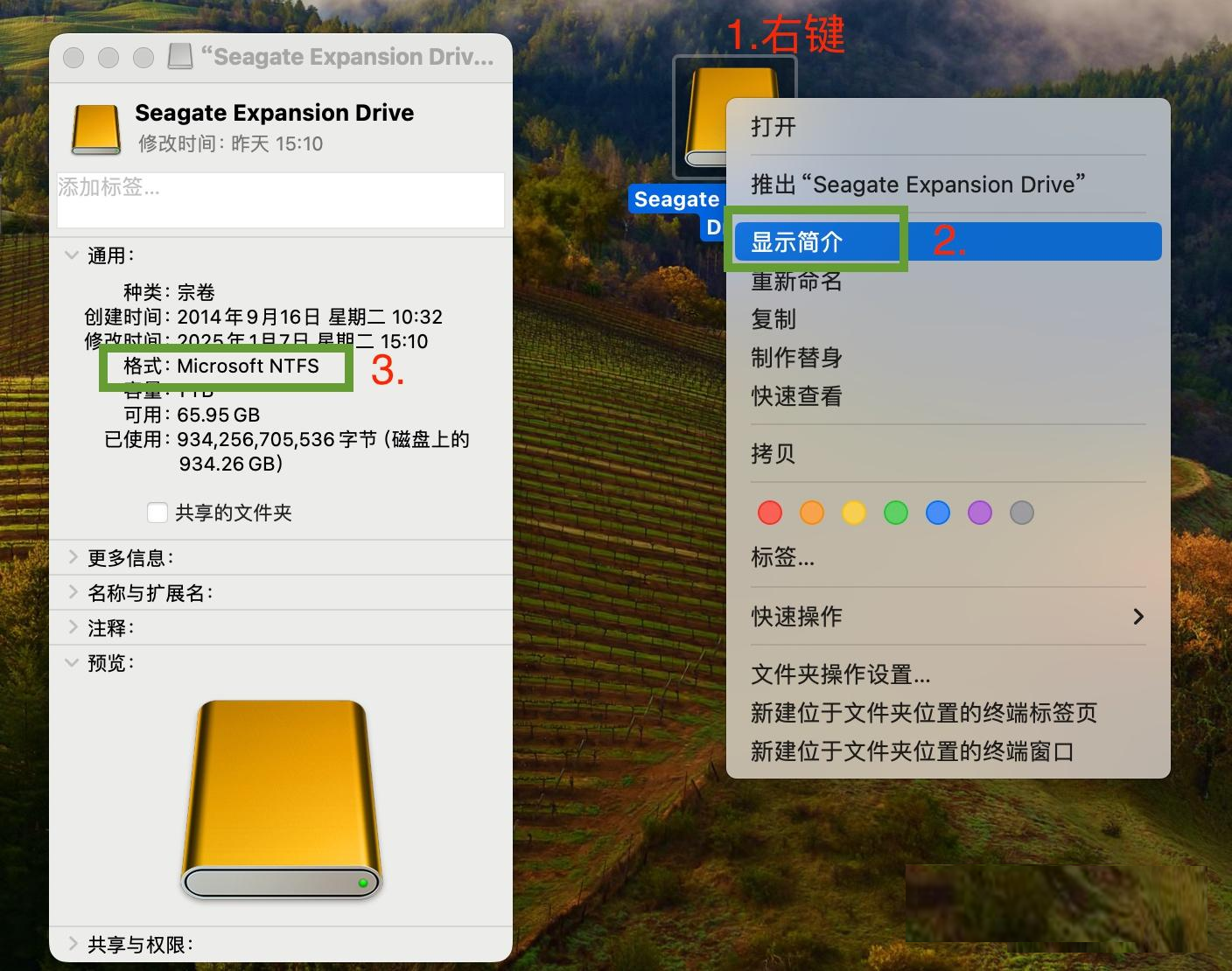 在Mac上移动硬盘的简介里面查看文件系统的格式